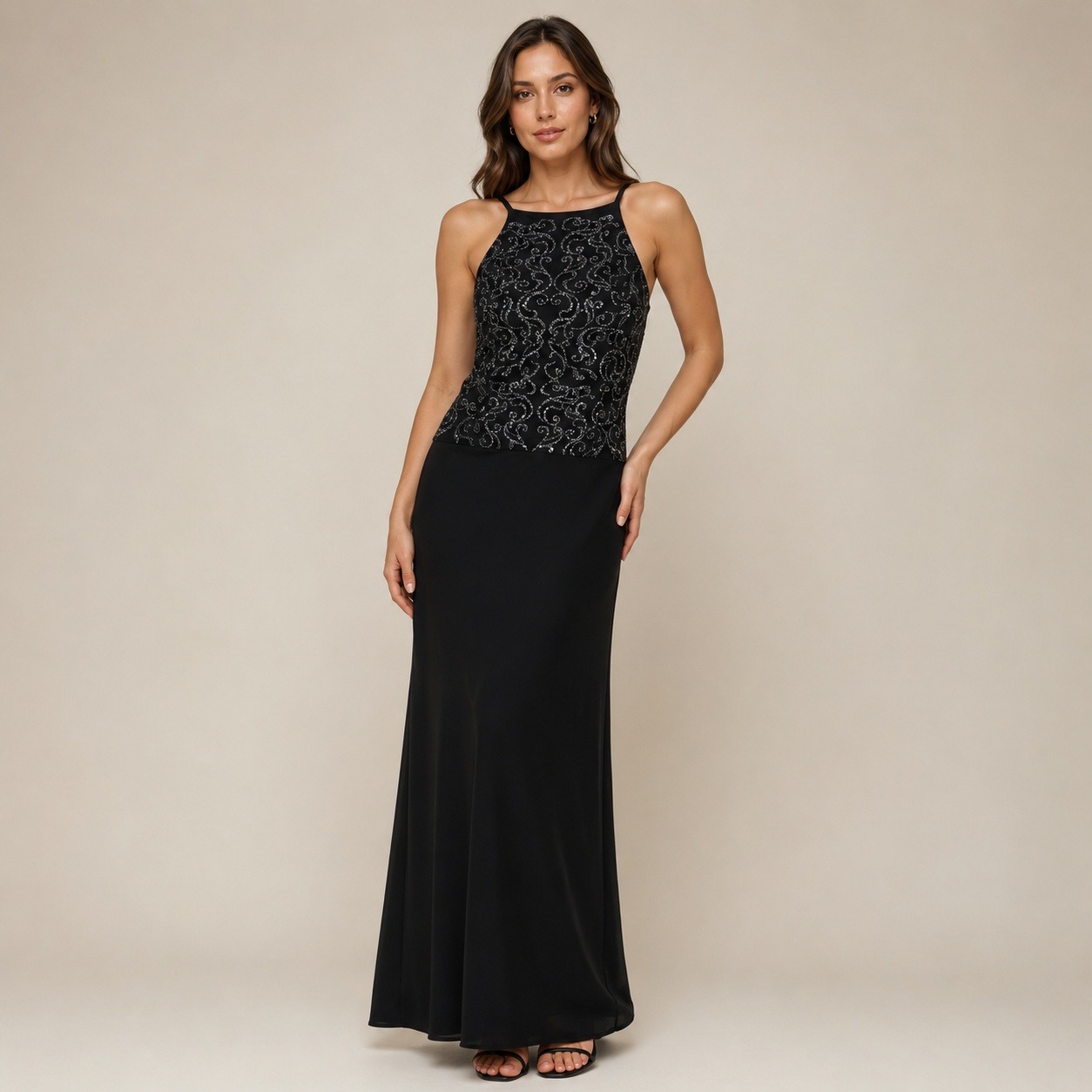 Lauren Ralph Lauren Black Metallic Beaded Halter Maxi Gown Dress 8 Evening